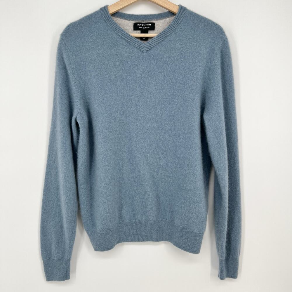 Nordstrom 100% Cashmere Sweater Women Large Blue V Neck Thick Cozy Pullover READ